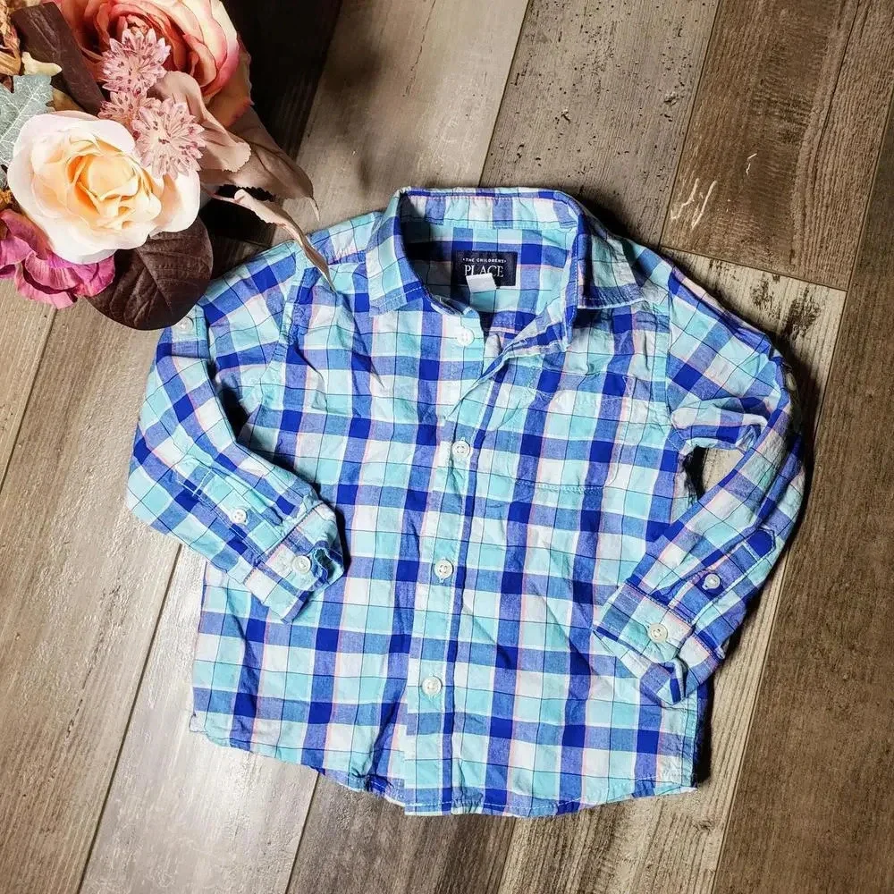 The Children's Place Boys Plaid Long Sleeve Button-Up Dress Shirt Size 2T